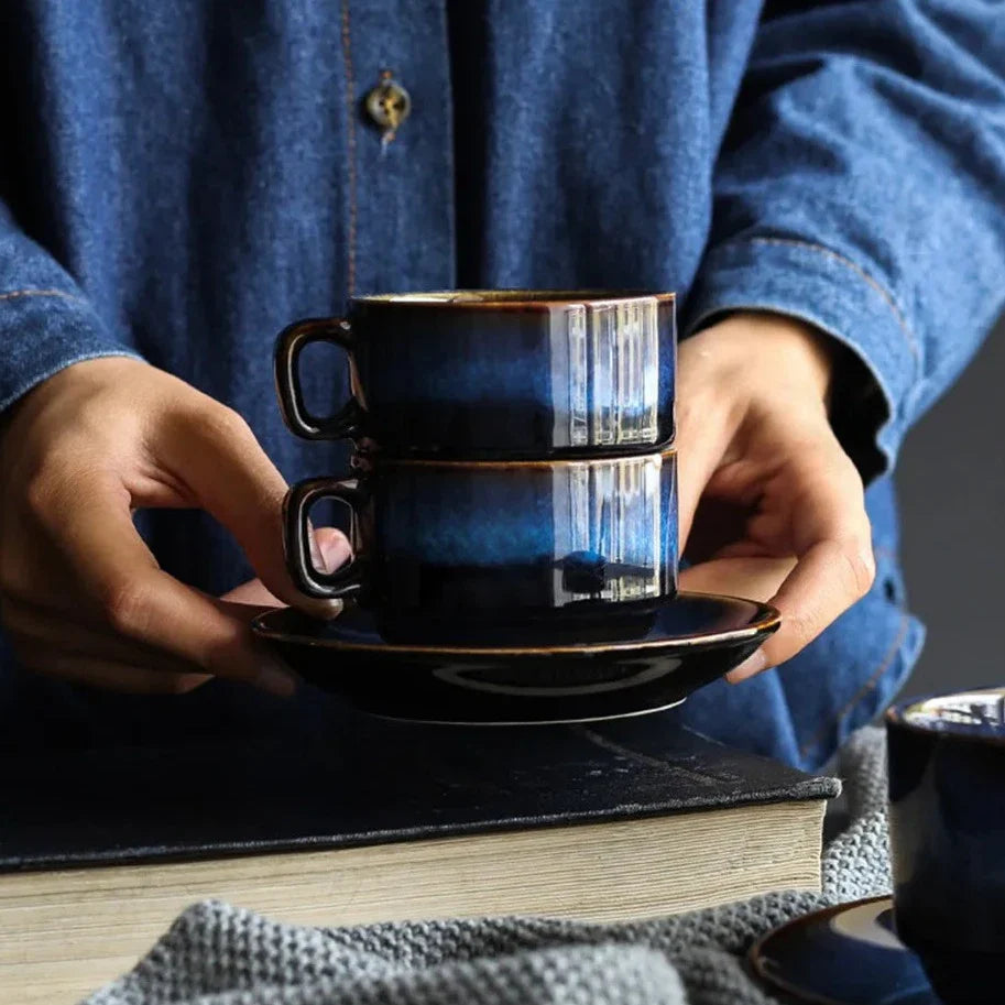 Ceramic Mug Set Bone China 12 oz Deep Blue For Tea Coffee Serving Coastal Kitchen Use | Thomler