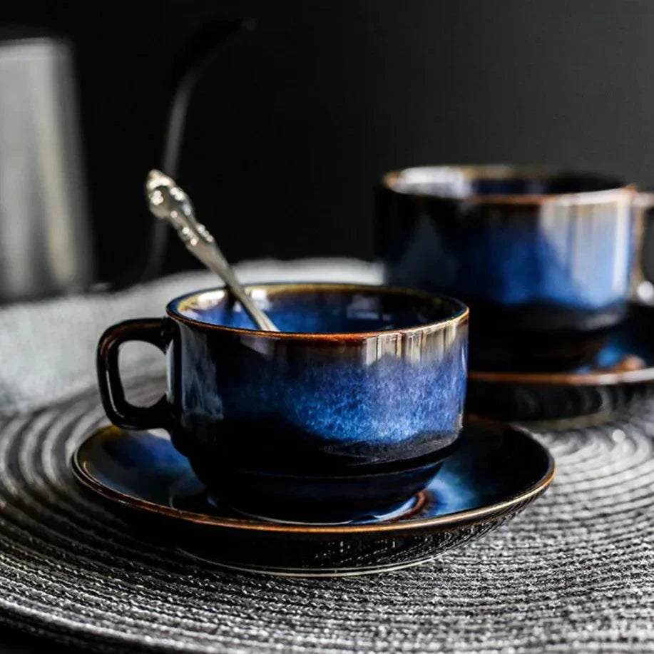 Ceramic Mug Set Bone China 12 oz Deep Blue For Tea Coffee Serving Coastal Kitchen Use | Thomler