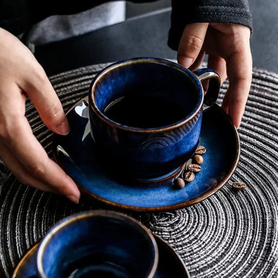 Ceramic Mug Set Bone China 12 oz Deep Blue For Tea Coffee Serving Coastal Kitchen Use | Thomler