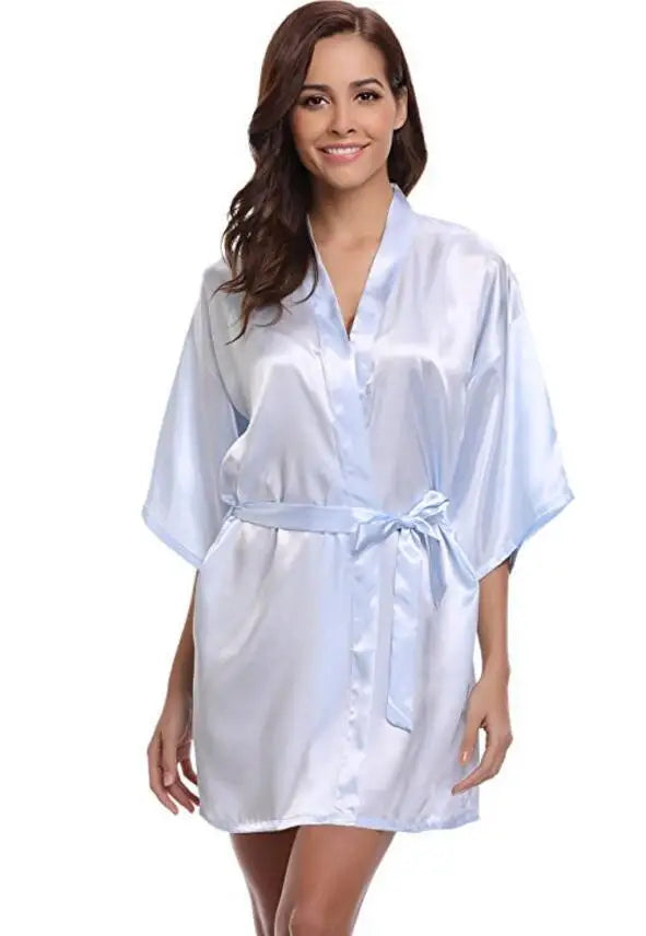 Women's Satin Kimono Robe Loungewear in Navy Blue Pink Purple Lightweight Summer Wrap Sleepwear for Bridal Party | Thomler