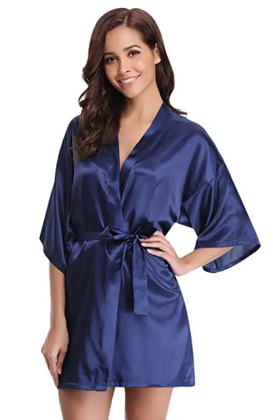 Women's Satin Kimono Robe Loungewear in Navy Blue Pink Purple Lightweight Summer Wrap Sleepwear for Bridal Party | Thomler