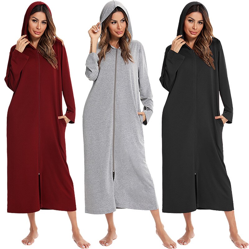 Zip-Front Hooded Bathrobe for Women – Soft Fleece Robe with Pockets & Full Zipper – Cozy Loungewear for Home, After Shower, Maternity | Thomler