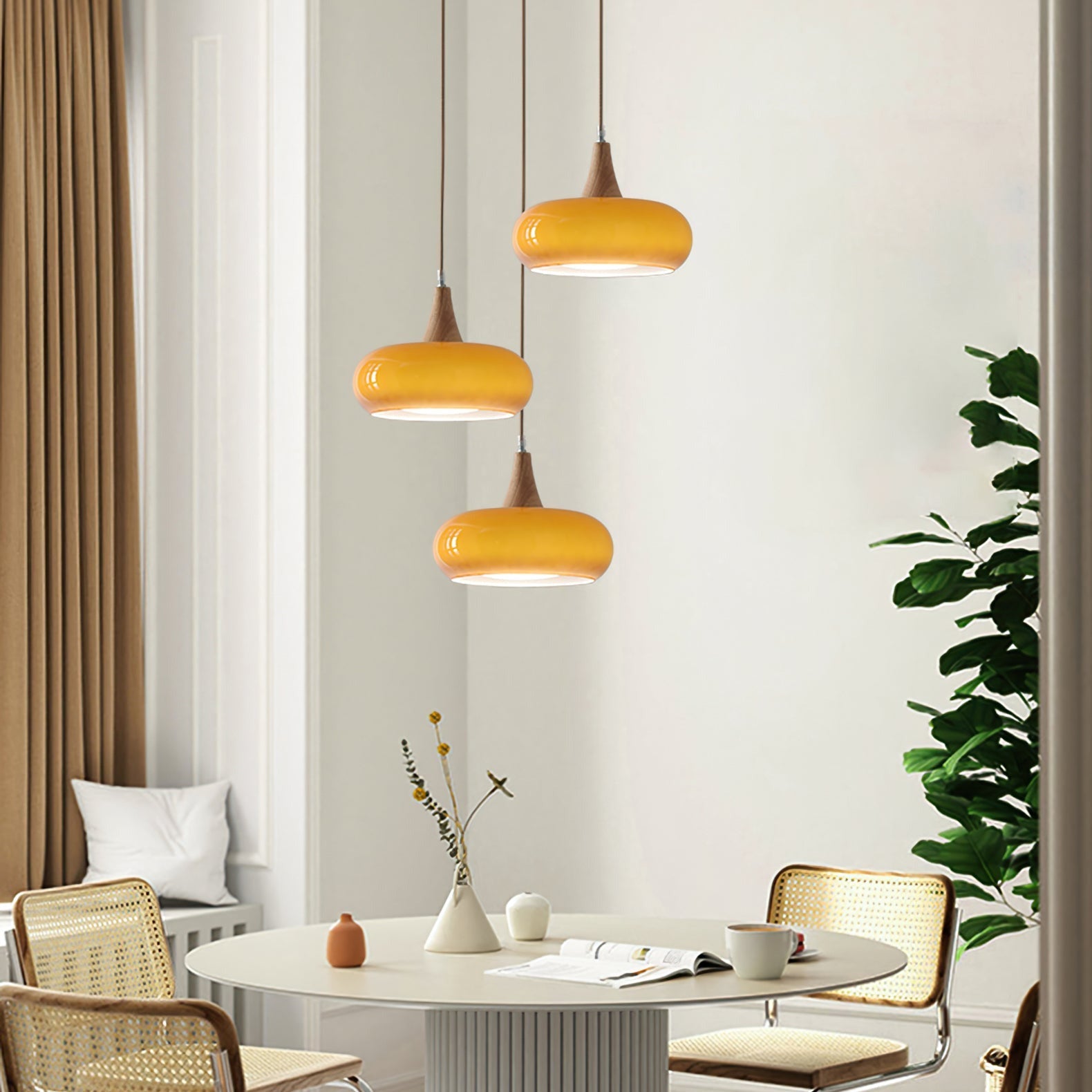 Glass Pendant Light with Wood Canopy & Metal Accents for Kitchen Dining Room Bedroom | Warm Ambient Hanging Ceiling Fixture E26 E27 | Thomler