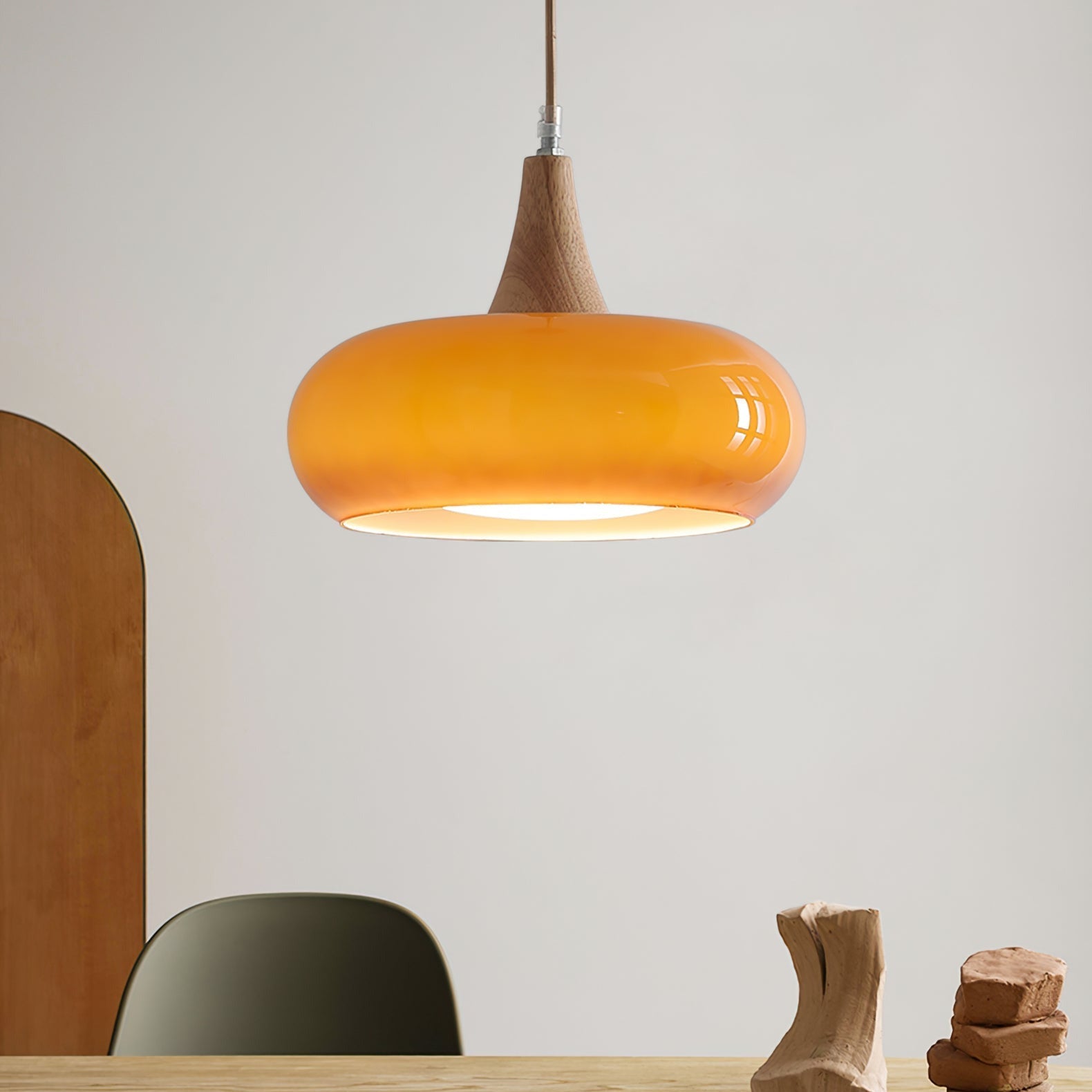 Glass Pendant Light with Wood Canopy & Metal Accents for Kitchen Dining Room Bedroom | Warm Ambient Hanging Ceiling Fixture E26 E27 | Thomler