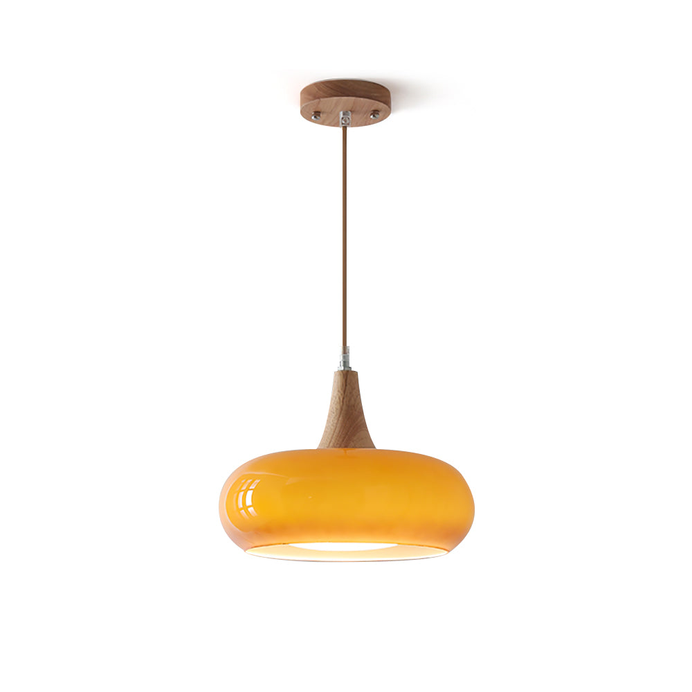 Glass Pendant Light with Wood Canopy & Metal Accents for Kitchen Dining Room Bedroom | Warm Ambient Hanging Ceiling Fixture E26 E27 | Thomler