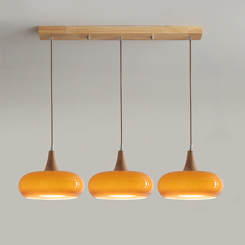 Glass Pendant Light with Wood Canopy & Metal Accents for Kitchen Dining Room Bedroom | Warm Ambient Hanging Ceiling Fixture E26 E27 | Thomler