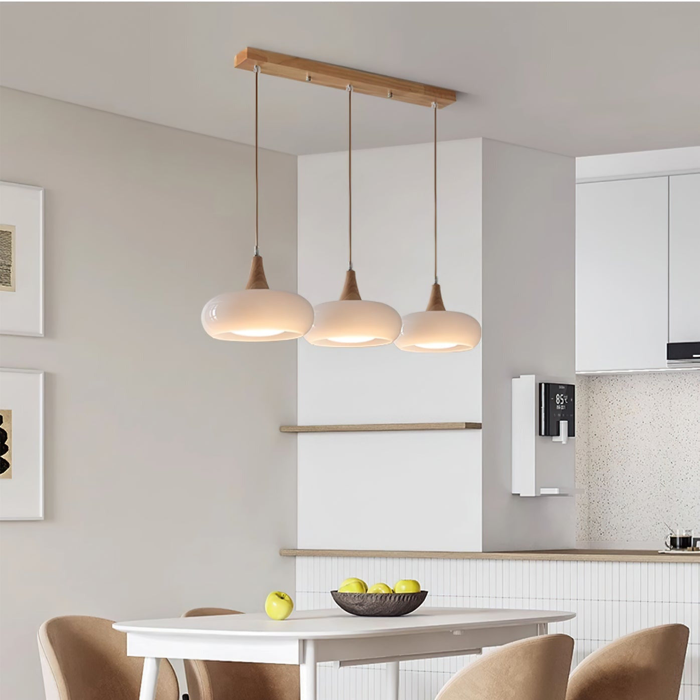 Glass Pendant Light with Wood Canopy & Metal Accents for Kitchen Dining Room Bedroom | Warm Ambient Hanging Ceiling Fixture E26 E27 | Thomler