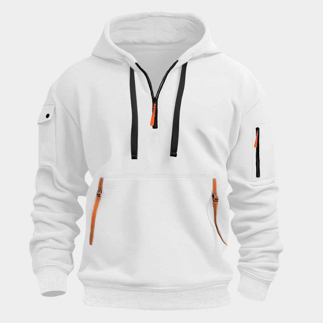 Men's Pullover Sweatshirt with Half-Zip Neck and Zippered Pockets for Everyday Casual Wear, Adjustable Drawstring Hood, Elastic Cuffs | Thomler