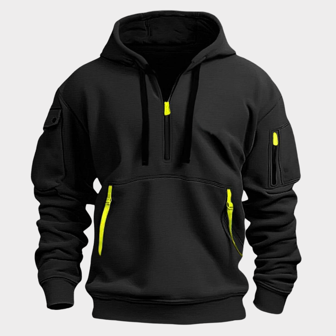 Men's Pullover Sweatshirt with Half-Zip Neck and Zippered Pockets for Everyday Casual Wear, Adjustable Drawstring Hood, Elastic Cuffs | Thomler