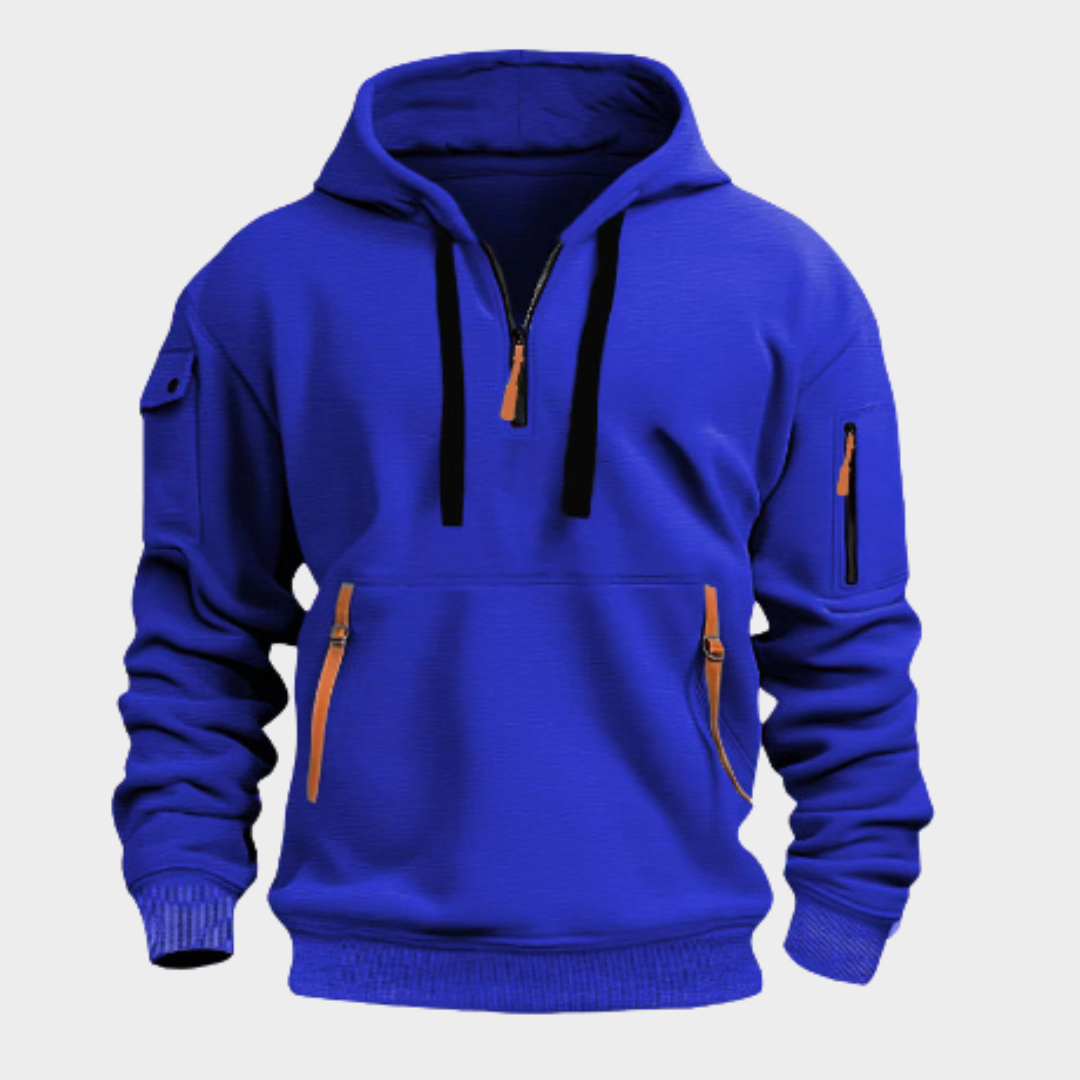 Men's Pullover Sweatshirt with Half-Zip Neck and Zippered Pockets for Everyday Casual Wear, Adjustable Drawstring Hood, Elastic Cuffs | Thomler