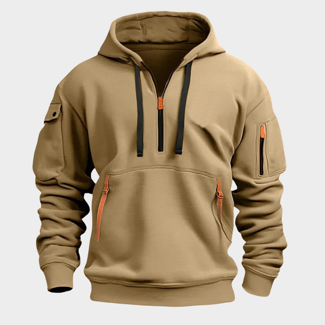 Men's Pullover Sweatshirt with Half-Zip Neck and Zippered Pockets for Everyday Casual Wear, Adjustable Drawstring Hood, Elastic Cuffs | Thomler