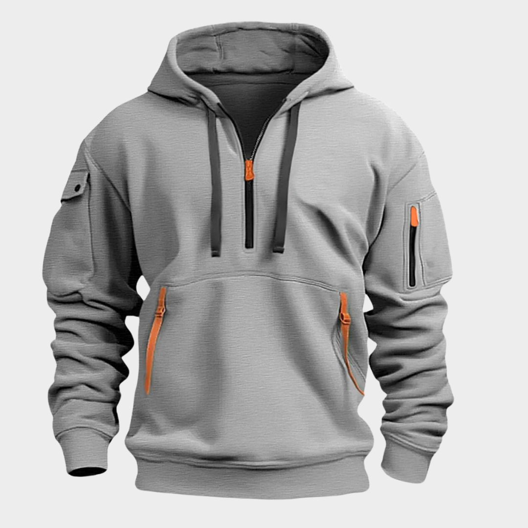 Men's Pullover Sweatshirt with Half-Zip Neck and Zippered Pockets for Everyday Casual Wear, Adjustable Drawstring Hood, Elastic Cuffs | Thomler