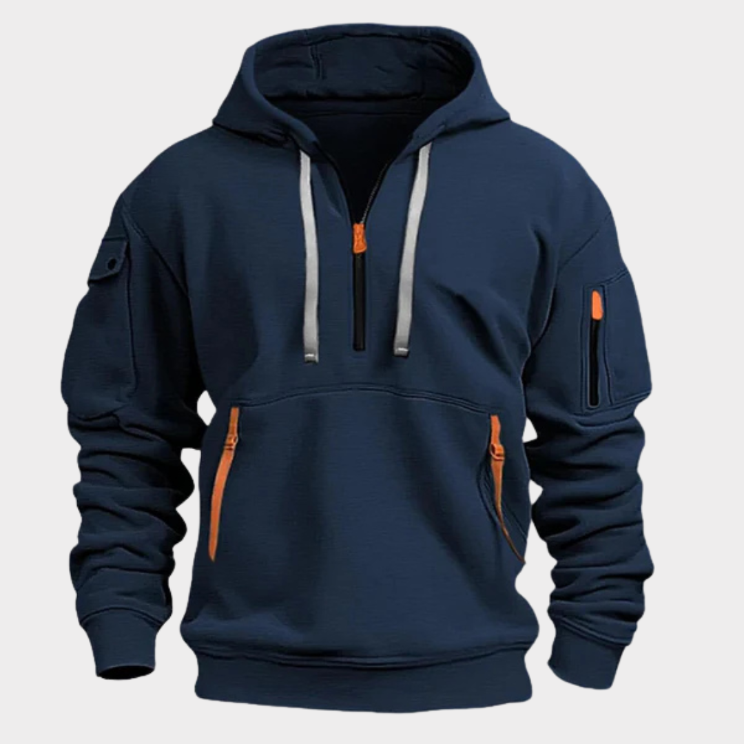 Men's Pullover Sweatshirt with Half-Zip Neck and Zippered Pockets for Everyday Casual Wear, Adjustable Drawstring Hood, Elastic Cuffs | Thomler