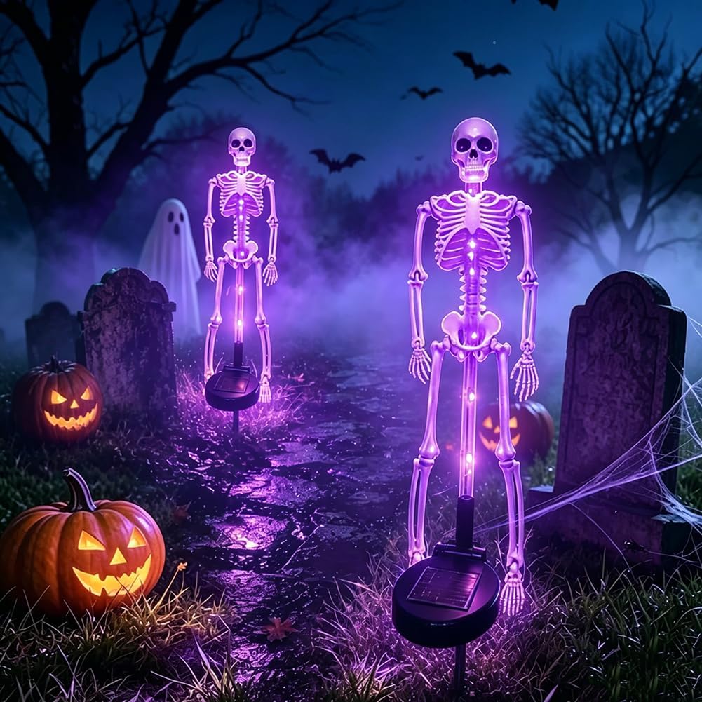 Spooky Glowing Skeleton Garden Stakes – Solar LED Outdoor Halloween Decoration for Lawns, Flower Beds & Walkways (Set of 2) | Thomler
