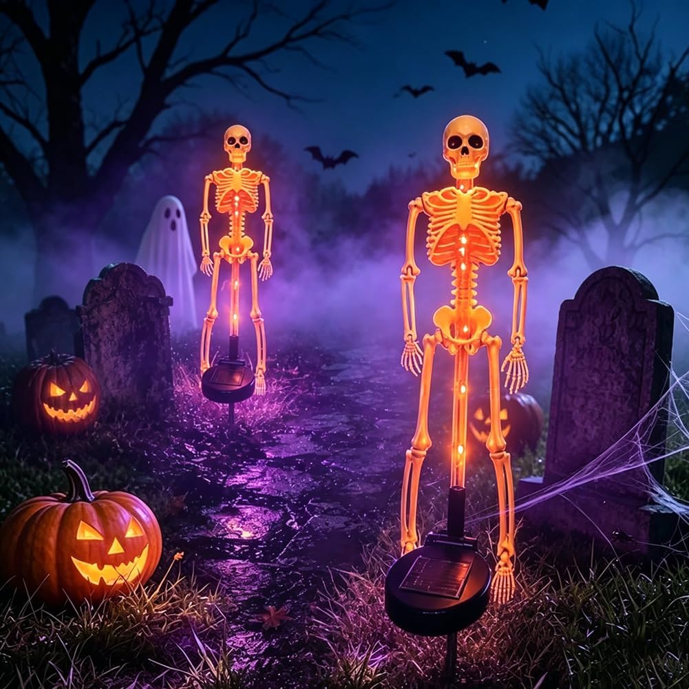 Spooky Glowing Skeleton Garden Stakes – Solar LED Outdoor Halloween Decoration for Lawns, Flower Beds & Walkways (Set of 2) | Thomler
