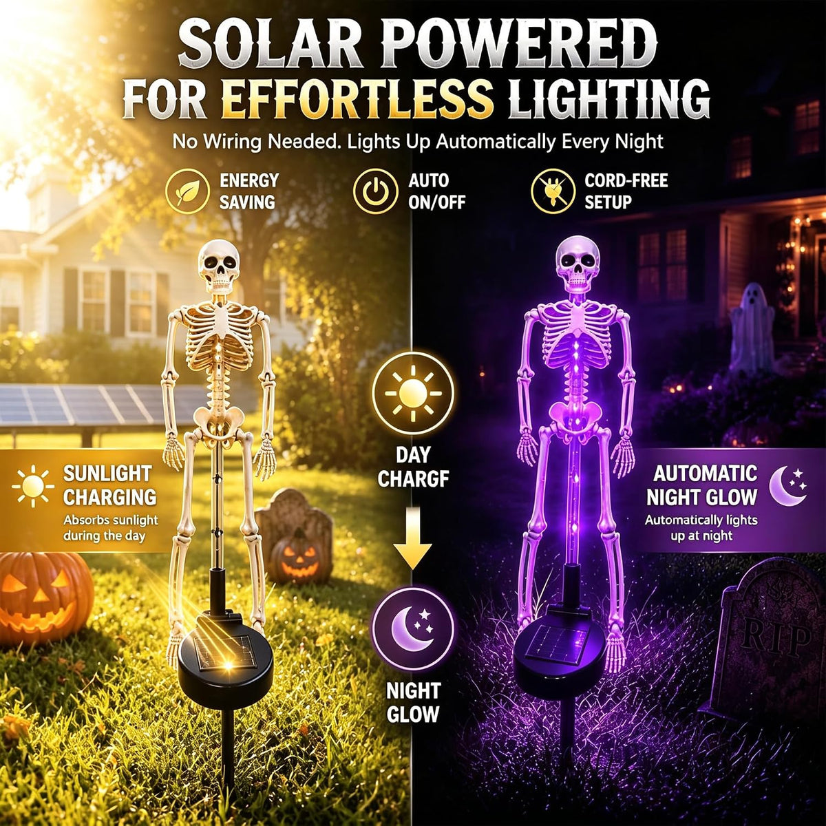 Spooky Glowing Skeleton Garden Stakes – Solar LED Outdoor Halloween Decoration for Lawns, Flower Beds & Walkways (Set of 2) | Thomler