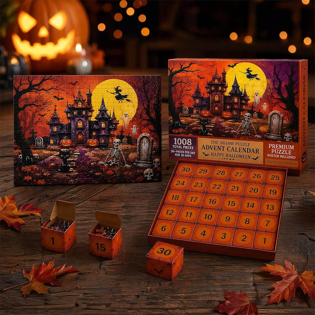 30-Day Halloween Jigsaw Adventure – 1,008 Pieces Build a Spooky Manor Scene | Countdown Box Set for October Fun & Family Game Night | Thomler
