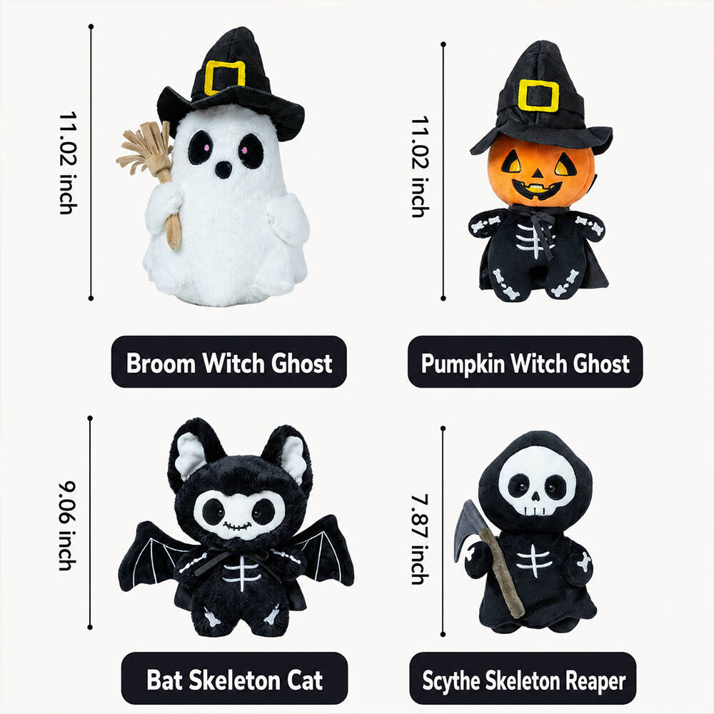 Soft Embroidered Halloween Plush Figures Set with Friendly Characters for Shelves and Tabletops | Thomler