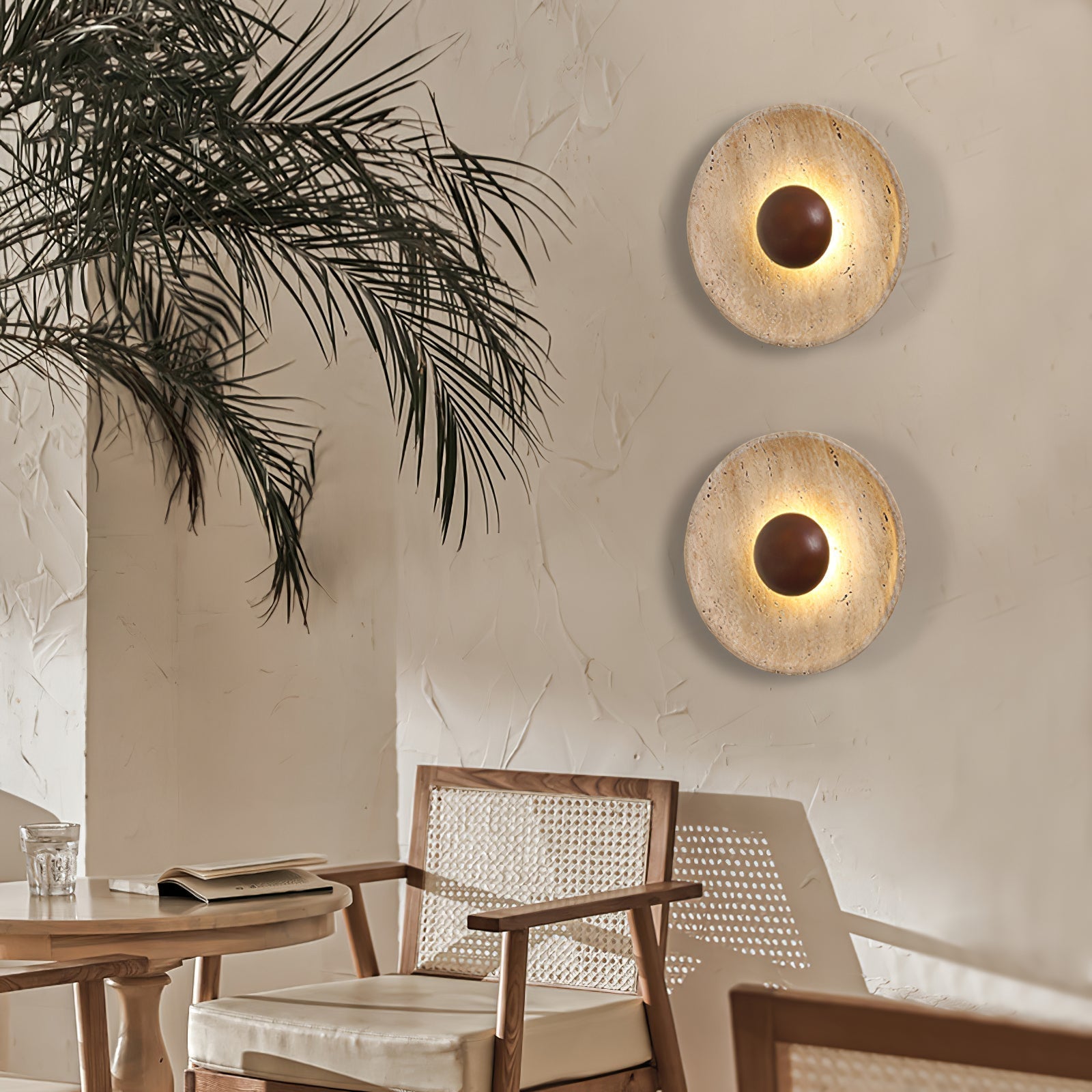 Wall Lamp Travertine Wood Round Warm Light Living Room Bedroom Hallway Ambient Lighting Decorative Sconce | Thomler