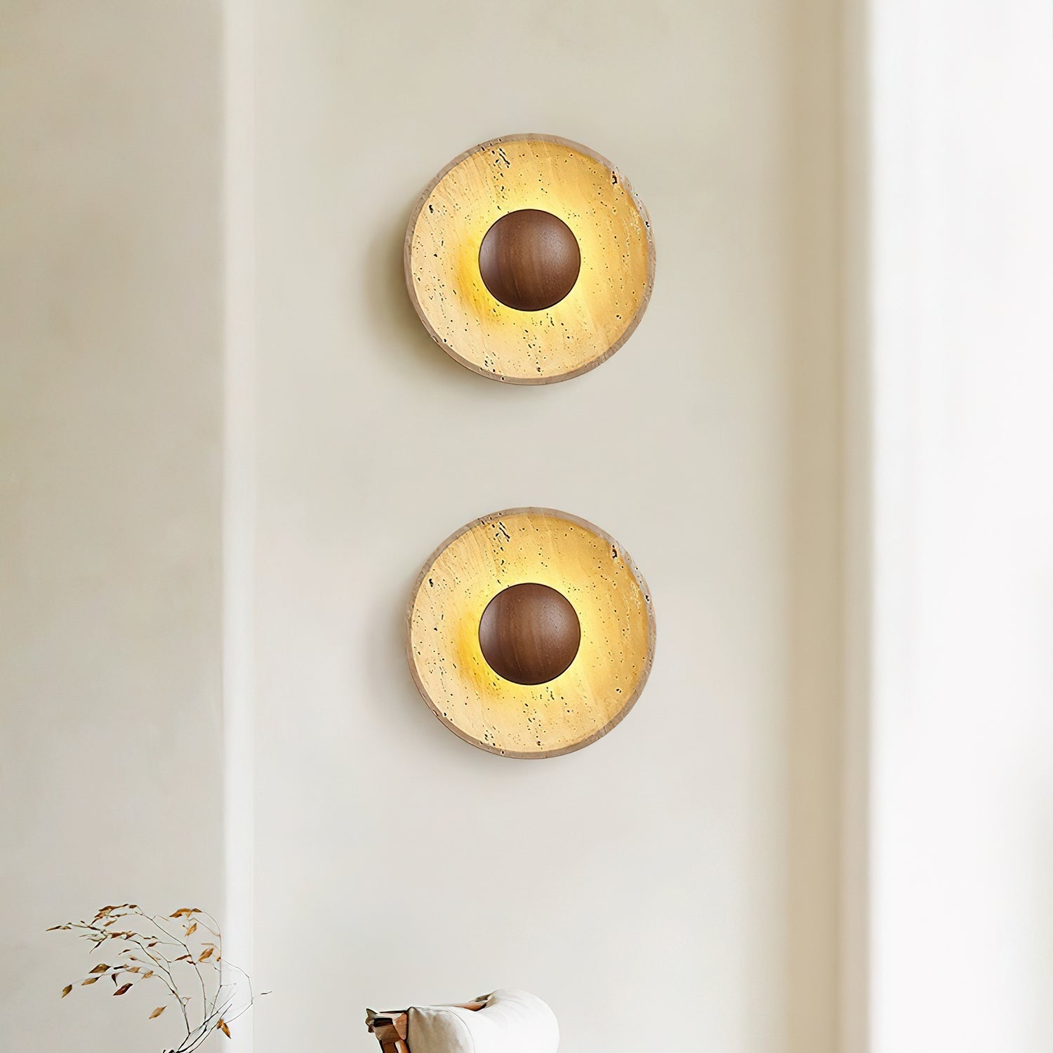 Wall Lamp Travertine Wood Round Warm Light Living Room Bedroom Hallway Ambient Lighting Decorative Sconce | Thomler