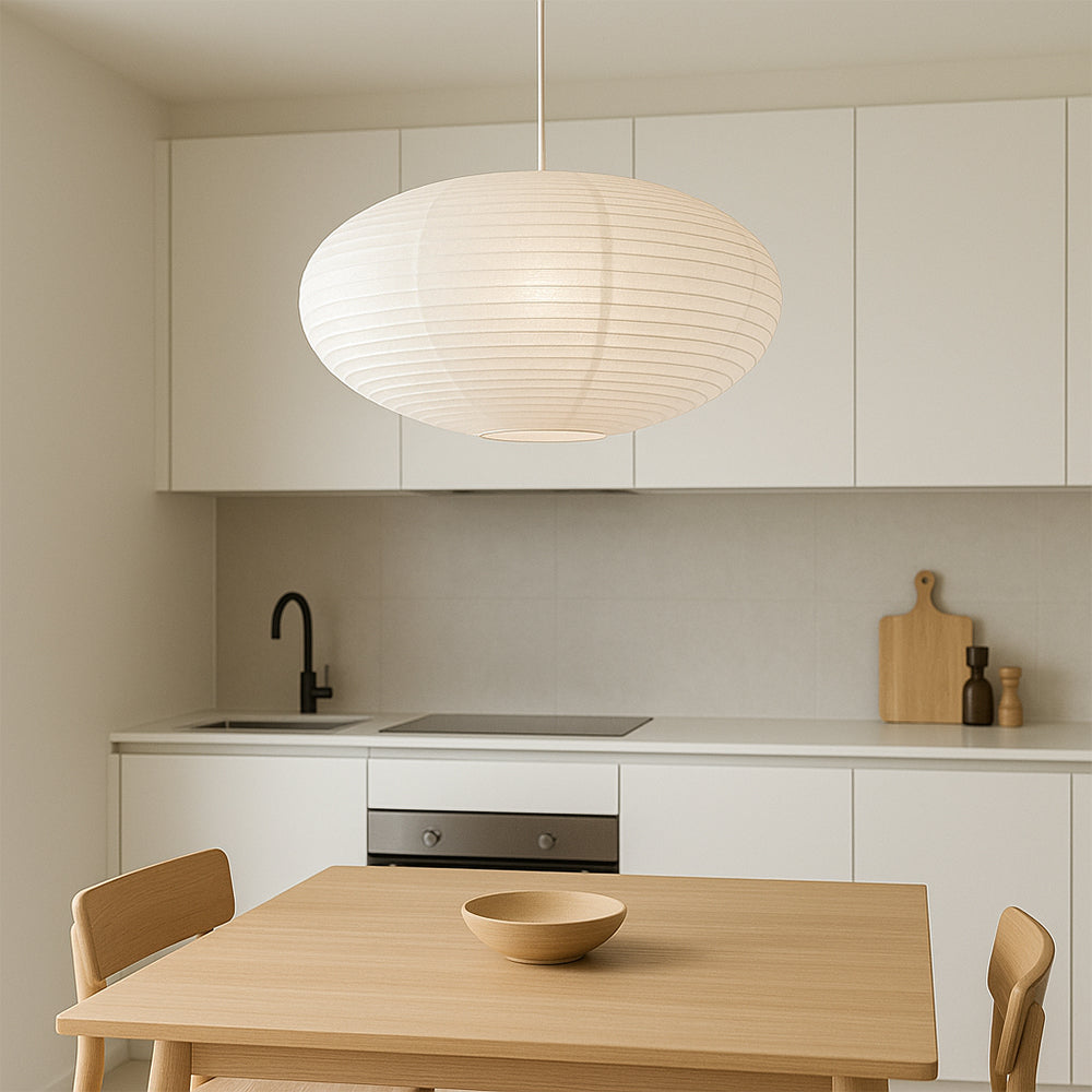 Cotton Paper Shade Pendant Light – Soft Ambient Glow for Dining Areas & Bar Spaces – Wabi-Sabi Style Iron Frame Ceiling Fixture | Thomler