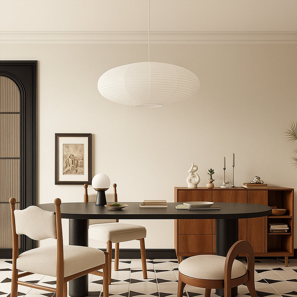 Cotton Paper Shade Pendant Light – Soft Ambient Glow for Dining Areas & Bar Spaces – Wabi-Sabi Style Iron Frame Ceiling Fixture | Thomler