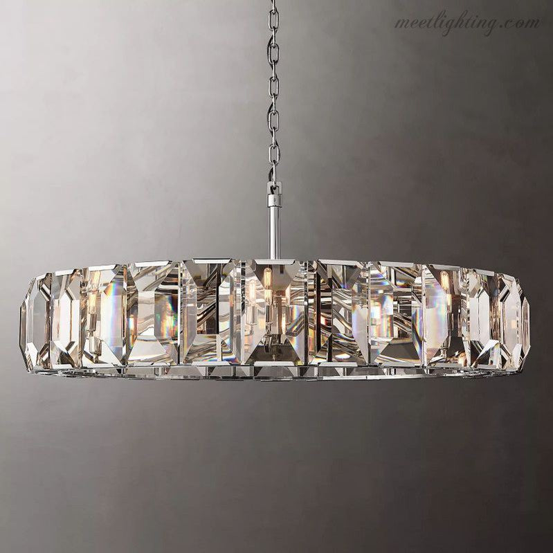 Crystal Prism Ring Chandelier 59-Inch 14-Light Statement Fixture for Dining Room Living Room Foyer Adjustable Height Brass Black Steel | Thomler