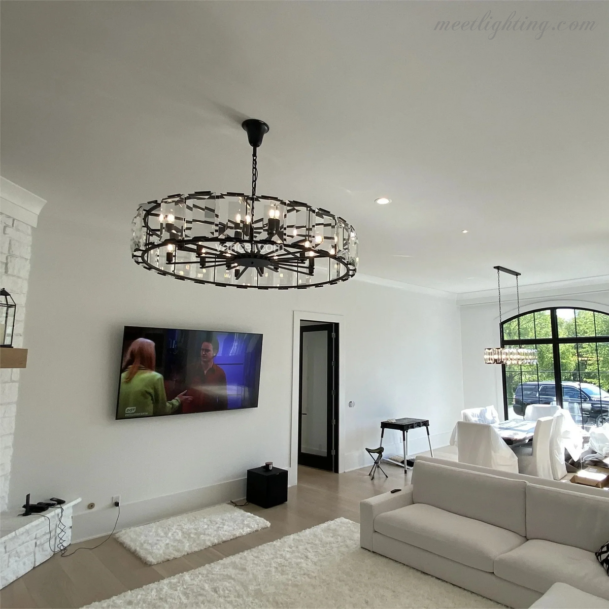 Crystal Prism Ring Chandelier 59-Inch 14-Light Statement Fixture for Dining Room Living Room Foyer Adjustable Height Brass Black Steel | Thomler