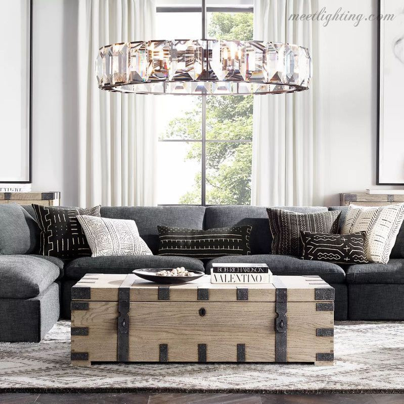 Crystal Prism Ring Chandelier 59-Inch 14-Light Statement Fixture for Dining Room Living Room Foyer Adjustable Height Brass Black Steel | Thomler