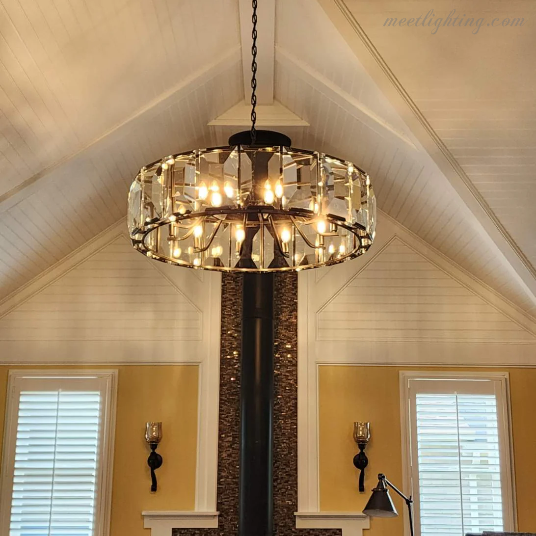 Crystal Prism Ring Chandelier 59-Inch 14-Light Statement Fixture for Dining Room Living Room Foyer Adjustable Height Brass Black Steel | Thomler