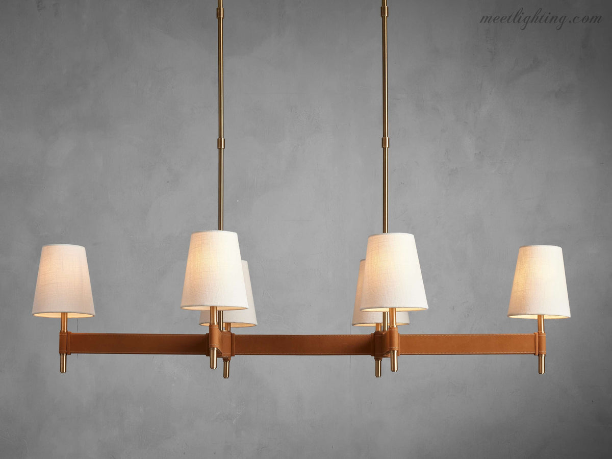 Linear Chandelier 6-10 Lights Antiqued Brass Leather Accent White Linen Shade Adjustable Height Dining Room Kitchen Island | Thomler