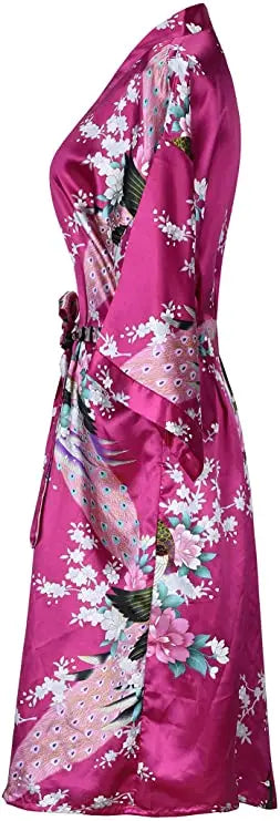Women's Satin Kimono Robe with Floral Design – Short Sleeve Loungewear for Bridal Party Gifts & Everyday Comfort | Thomler