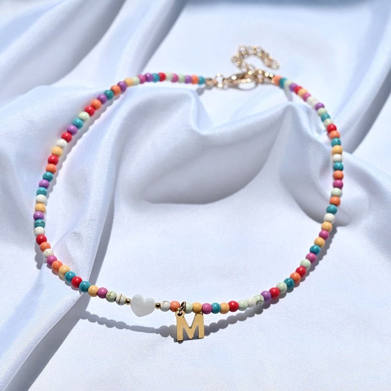 Colorful Beaded Initial Necklace with Heart Charm – Personalized Letter Pendant Jewelry for Women & Girls | Thomler