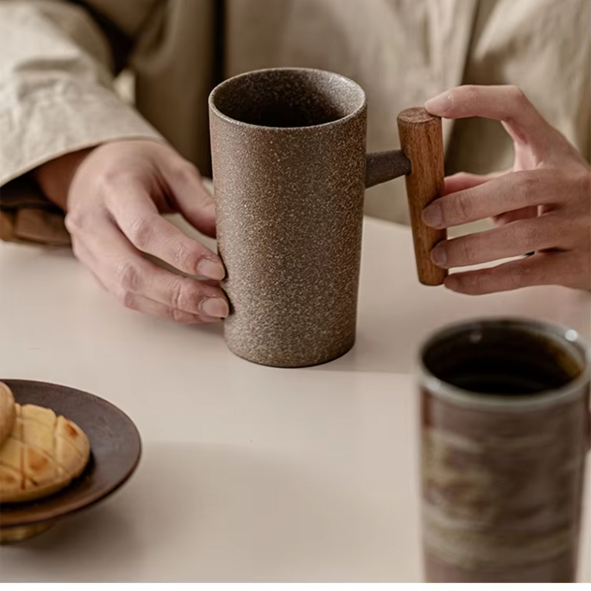 Stone-Texture Ceramic Coffee Mug with Wooden Handle for Hot Beverages | Kitchen Drinkware Cup for Tea Coffee Latte | Modern Rustic Nordic | Thomler