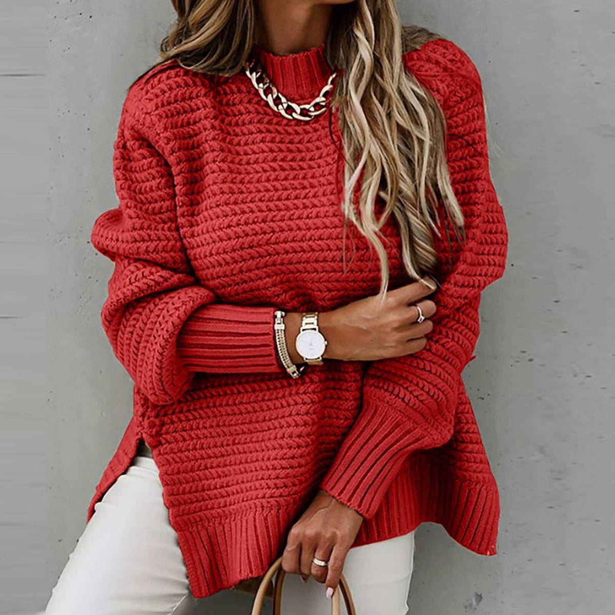 Women's Turtleneck Pullover with Drop Hem and Hip Slits for Relaxed Everyday Comfort | Thomler