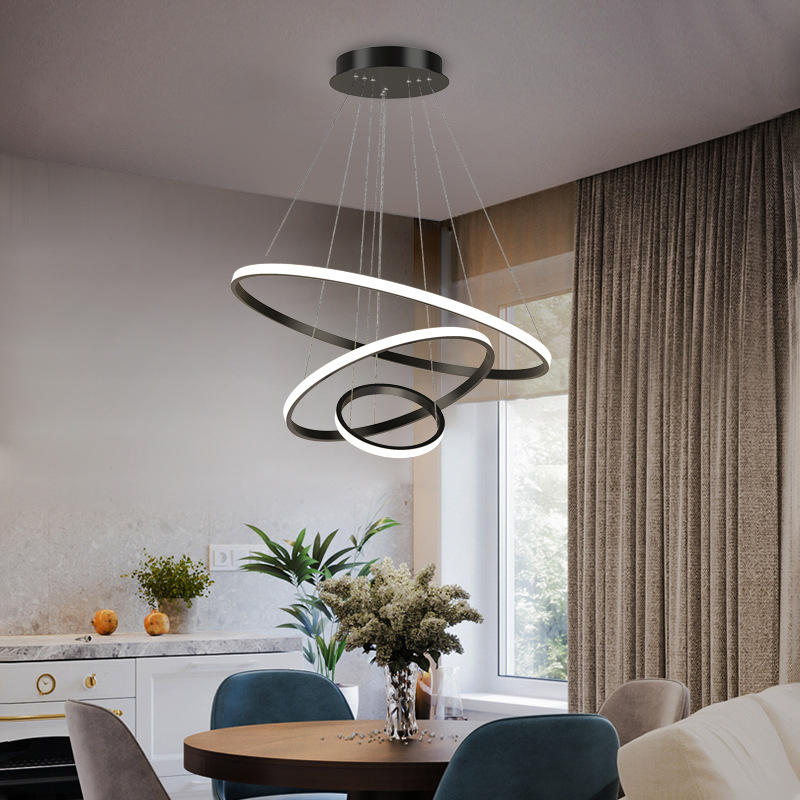 Triple-Ring LED Chandelier – Adjustable Dimmable Modern Ceiling Light – Black, Gold, White – 24x16x8 Inch Rings – Contemporary Hanging | Thomler