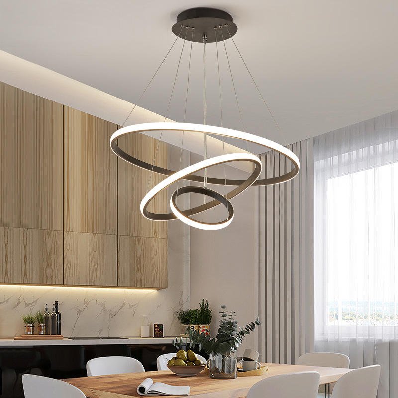 Triple-Ring LED Chandelier – Adjustable Dimmable Modern Ceiling Light – Black, Gold, White – 24x16x8 Inch Rings – Contemporary Hanging | Thomler