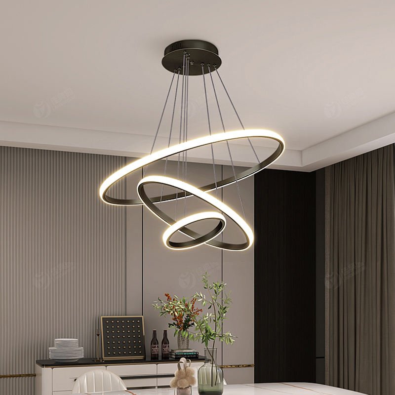 Triple-Ring LED Chandelier – Adjustable Dimmable Modern Ceiling Light – Black, Gold, White – 24x16x8 Inch Rings – Contemporary Hanging | Thomler