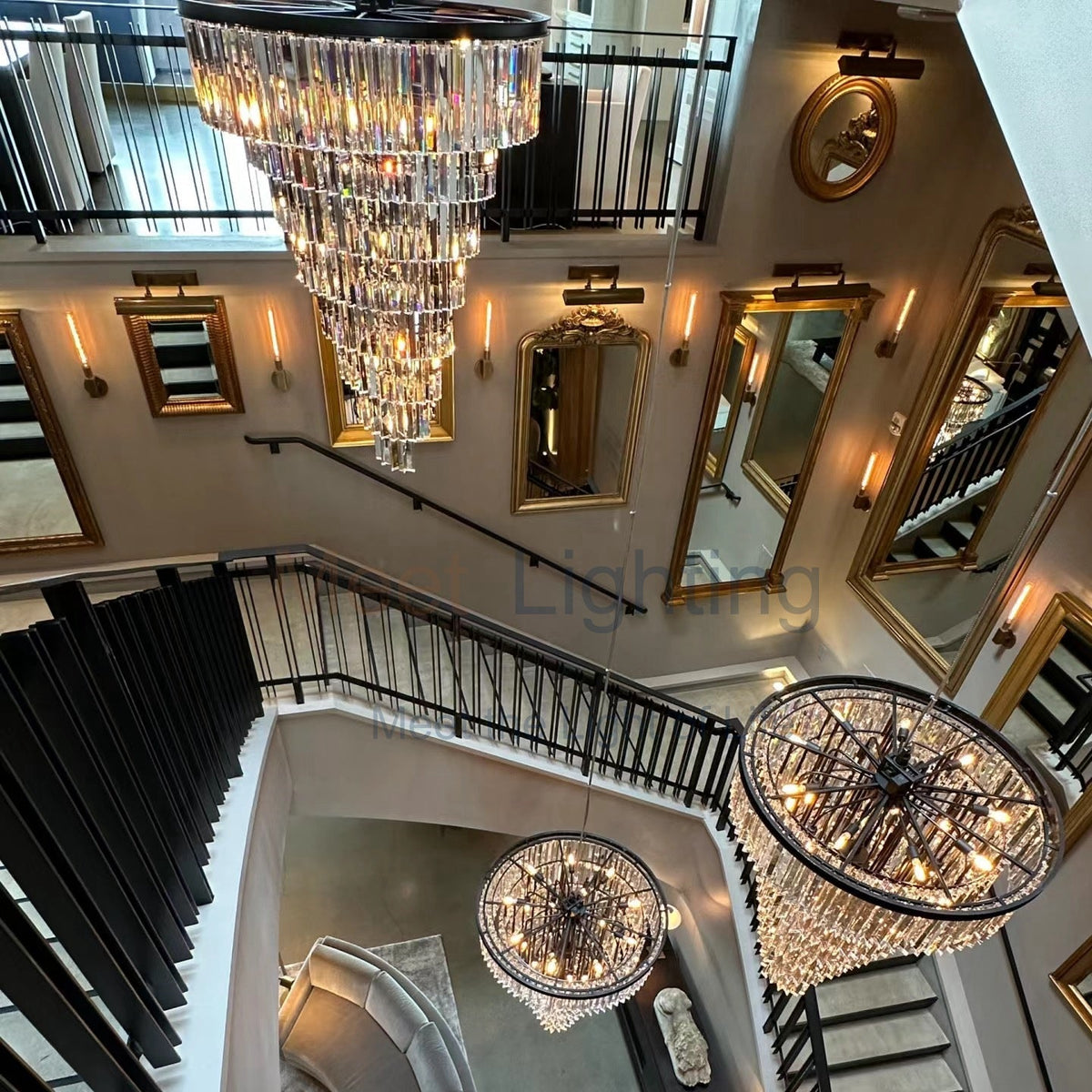 Spiral Crystal Chandelier Statement Ceiling Light Black Iron Glass Prism Layers for Dining Room Living Room Foyer Grand Staircase | Thomler