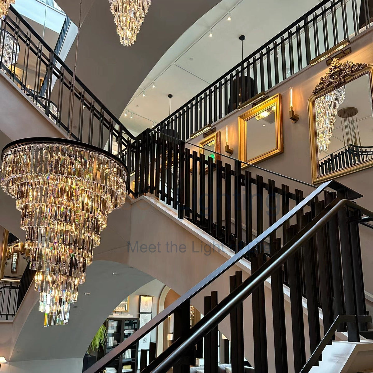 Spiral Crystal Chandelier Statement Ceiling Light Black Iron Glass Prism Layers for Dining Room Living Room Foyer Grand Staircase | Thomler