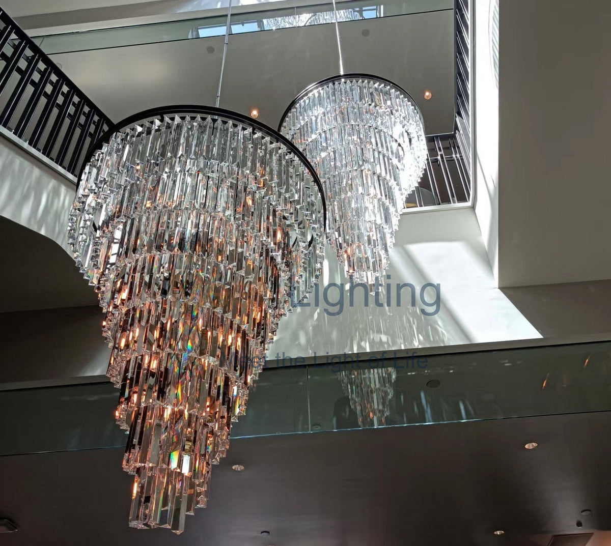 Spiral Crystal Chandelier Statement Ceiling Light Black Iron Glass Prism Layers for Dining Room Living Room Foyer Grand Staircase | Thomler