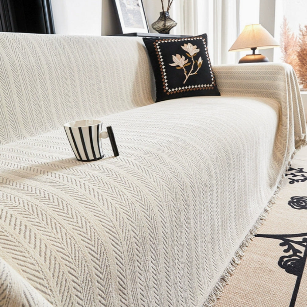 Textured Chenille Sofa Throw Cover with Tassels – Non-Slip Pet-Proof Furniture Protector for Couch | Thomler