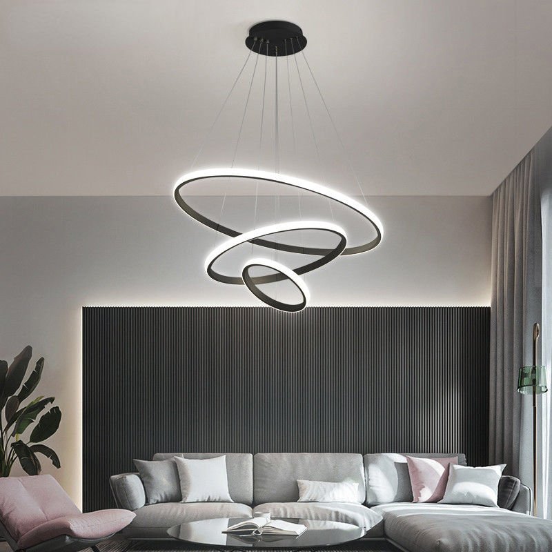 Triple-Ring LED Chandelier – Adjustable Dimmable Modern Ceiling Light – Black, Gold, White – 24x16x8 Inch Rings – Contemporary Hanging | Thomler