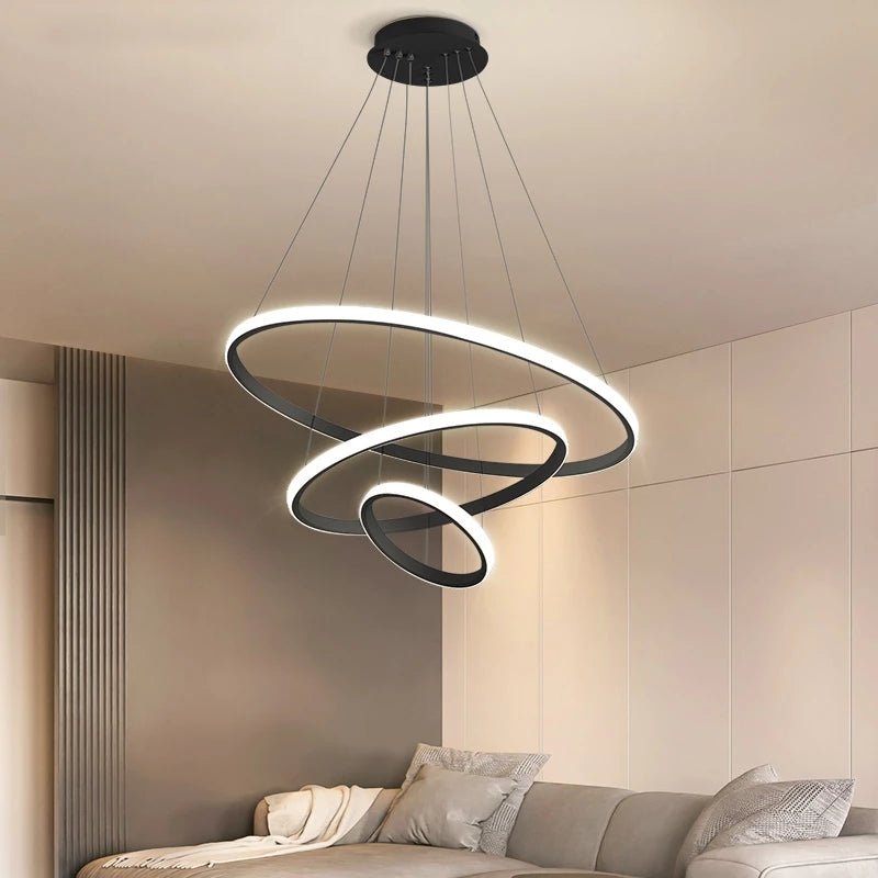 Triple-Ring LED Chandelier – Adjustable Dimmable Modern Ceiling Light – Black, Gold, White – 24x16x8 Inch Rings – Contemporary Hanging | Thomler