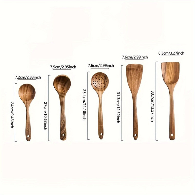 Kitchen Utensil Set Wooden 5-Piece 30.0 cm Cooking Spoons Spatula Ladle Durable Everyday Use | Thomler