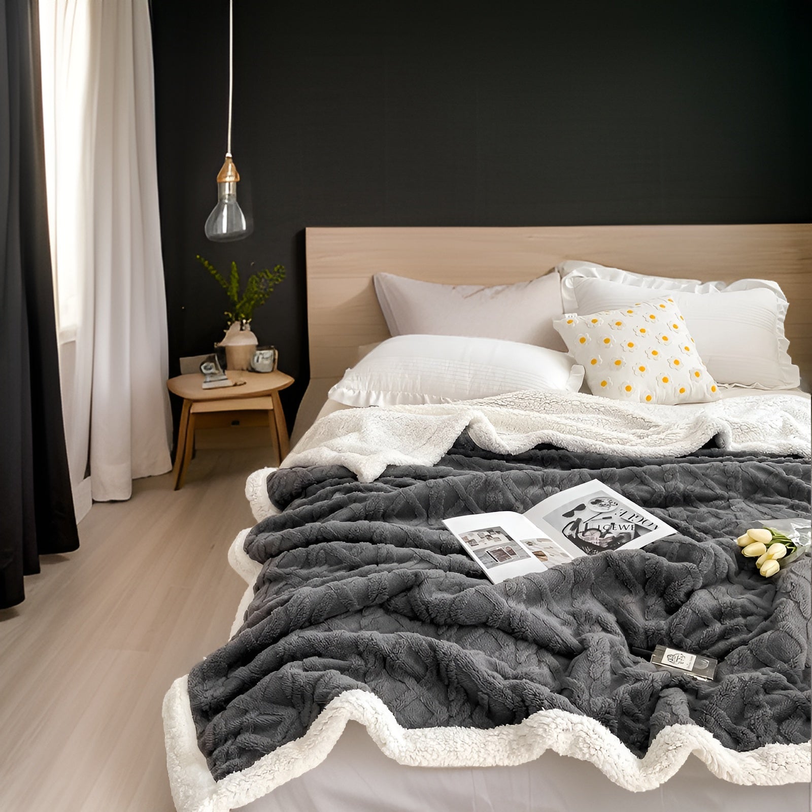 Fleece Blanket Polyester Sherpa 150.0 x 200.0 cm Grey White Sofa Bed Reversible Warm Throw Cosy Lounge Bedding | Thomler