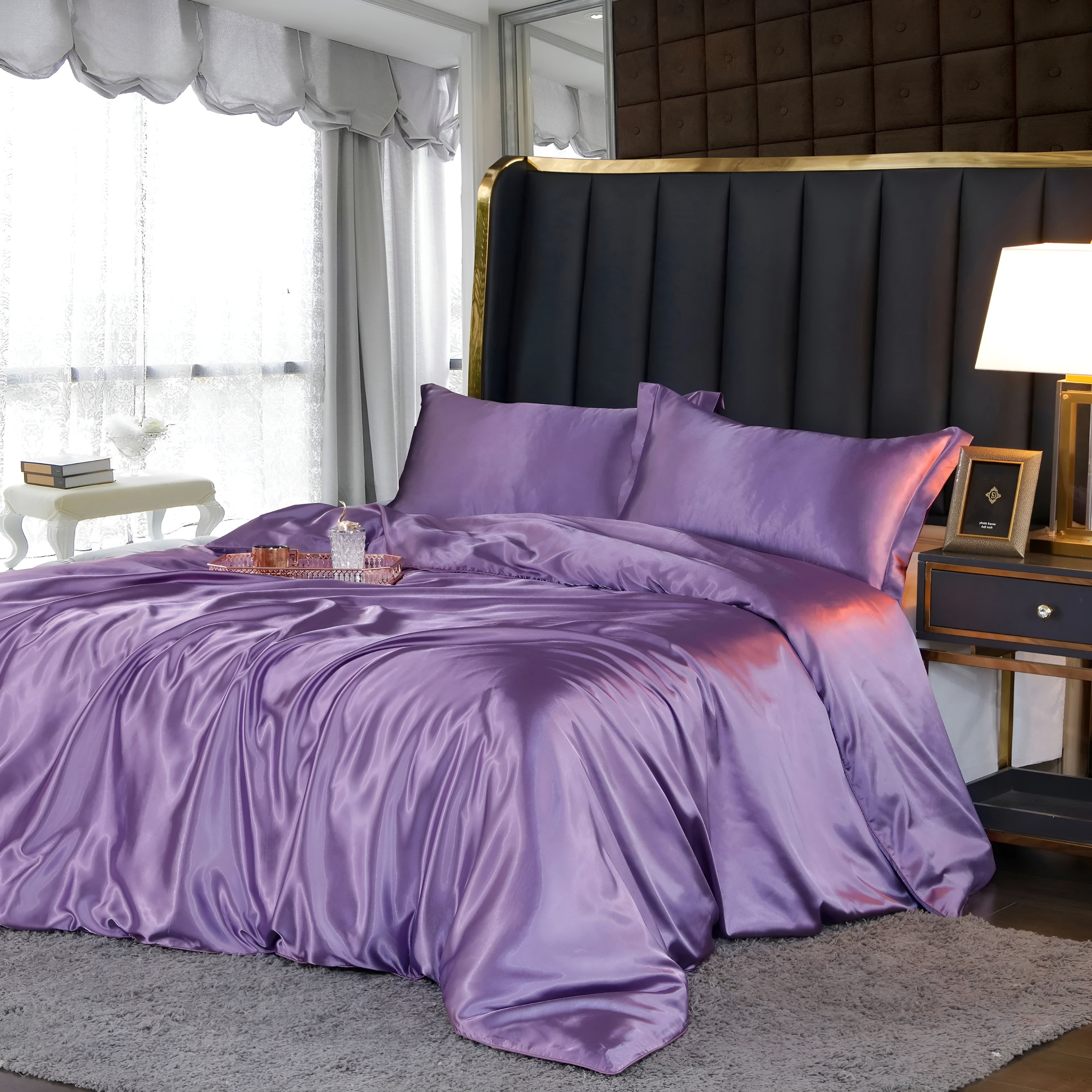 Bedding Set Mulberry Silk Blend 180 gsm Purple Bedroom Duvet Cover Fitted Sheet Pillowcases Luxury Sleep Set | Thomler