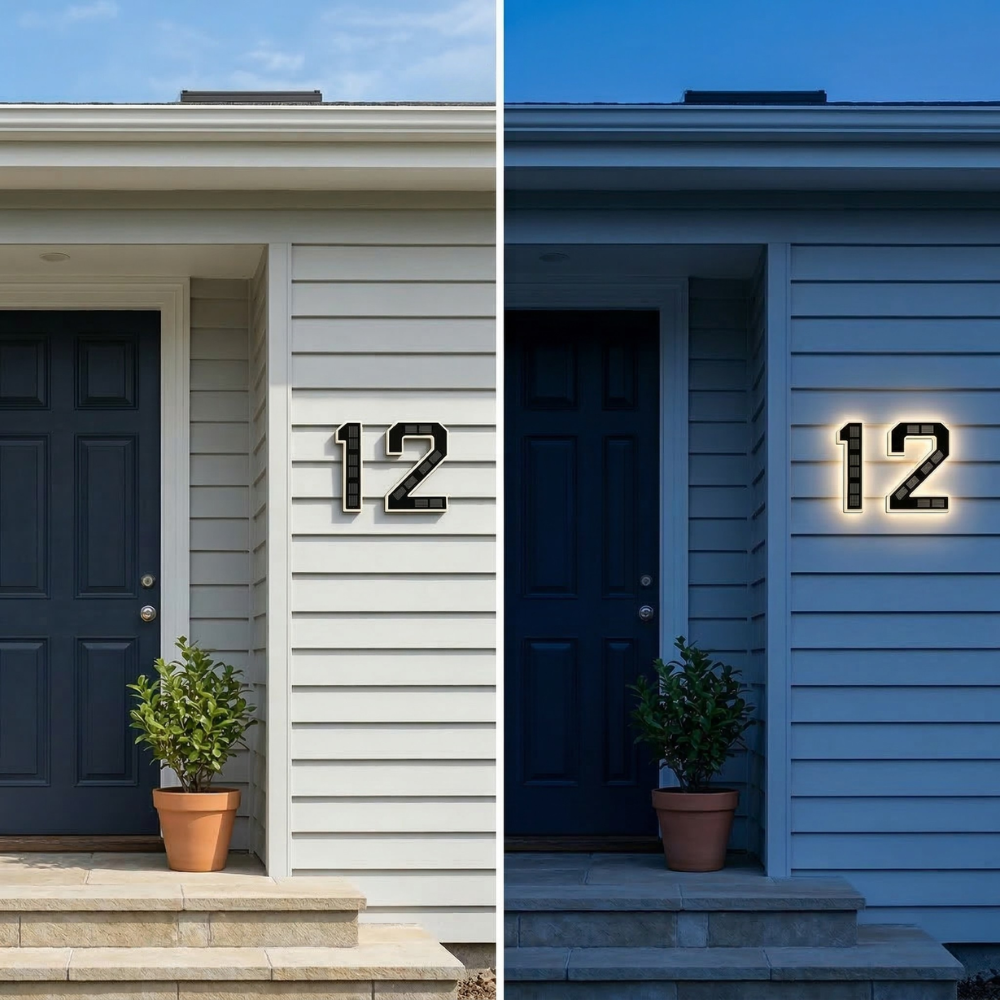 Solar House Number Sign with Auto-Illuminated LED for Night Visibility – Weather-Resistant Outdoor Address Plaque | Thomler