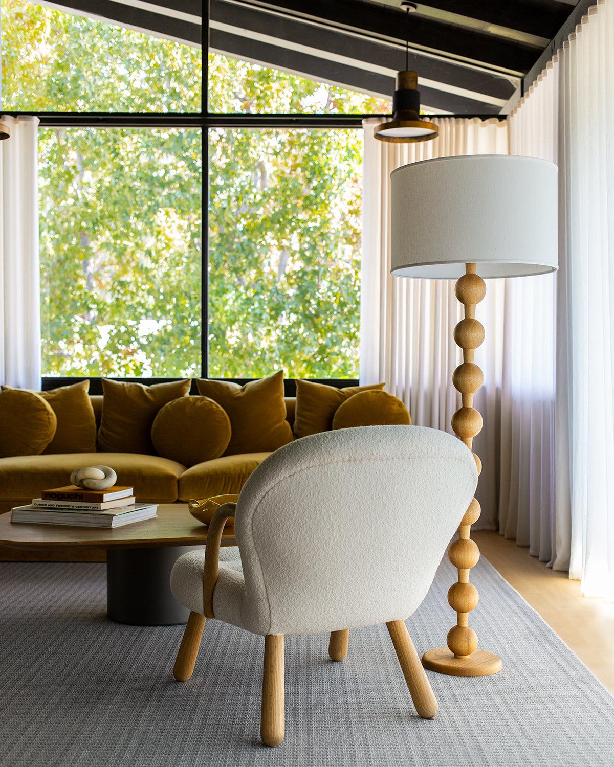 Floor Lamp Ash Wood 63 in White Fabric Shade Living Room Bedroom Accent Lighting | Thomler