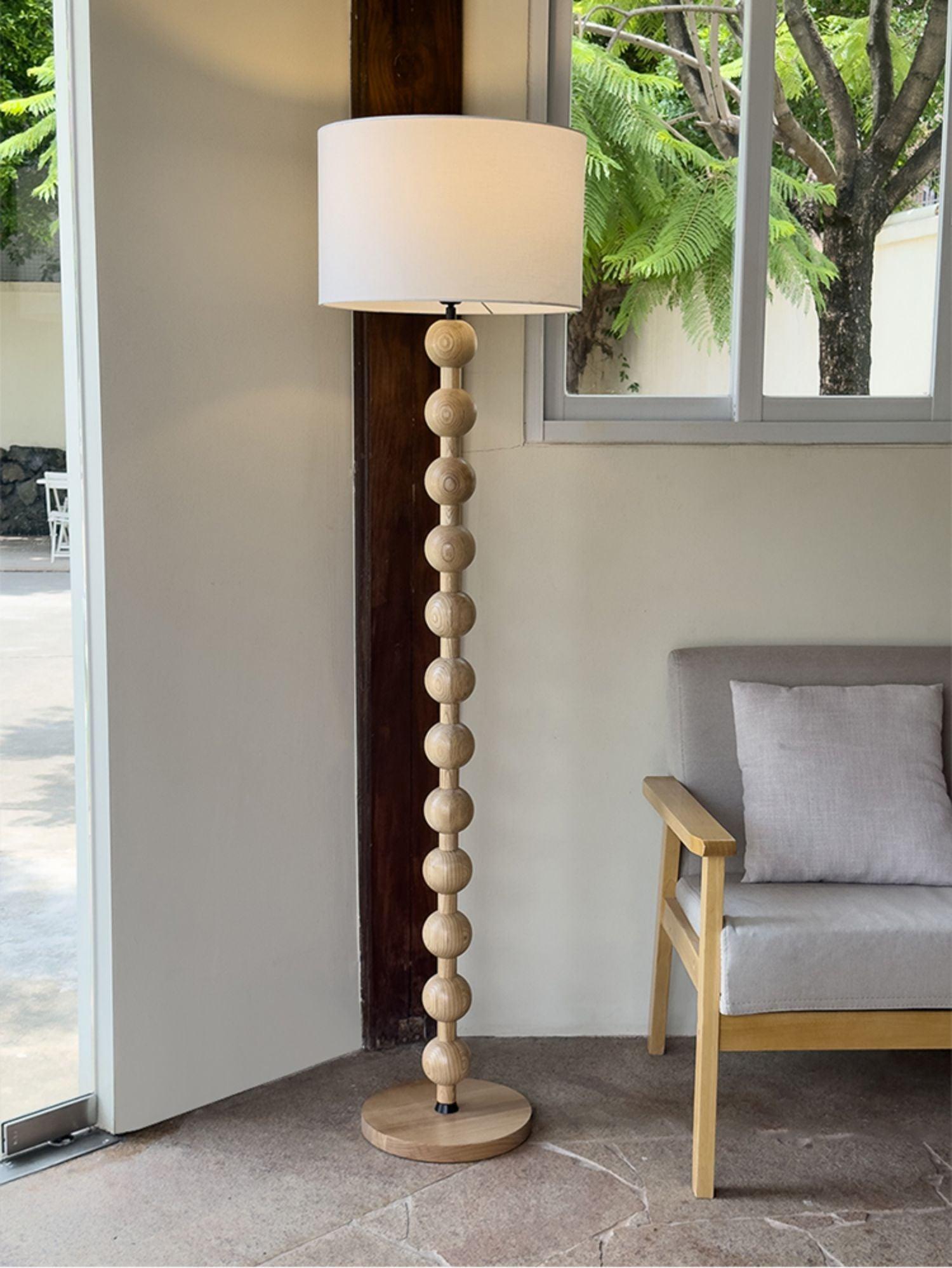 Floor Lamp Ash Wood 63 in White Fabric Shade Living Room Bedroom Accent Lighting | Thomler